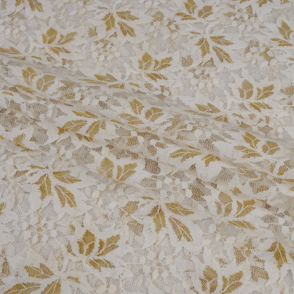 (Pre Cut 1.95 Mtr Piece) Off-White-Golden Color Jacquard Nylon Net Fabric