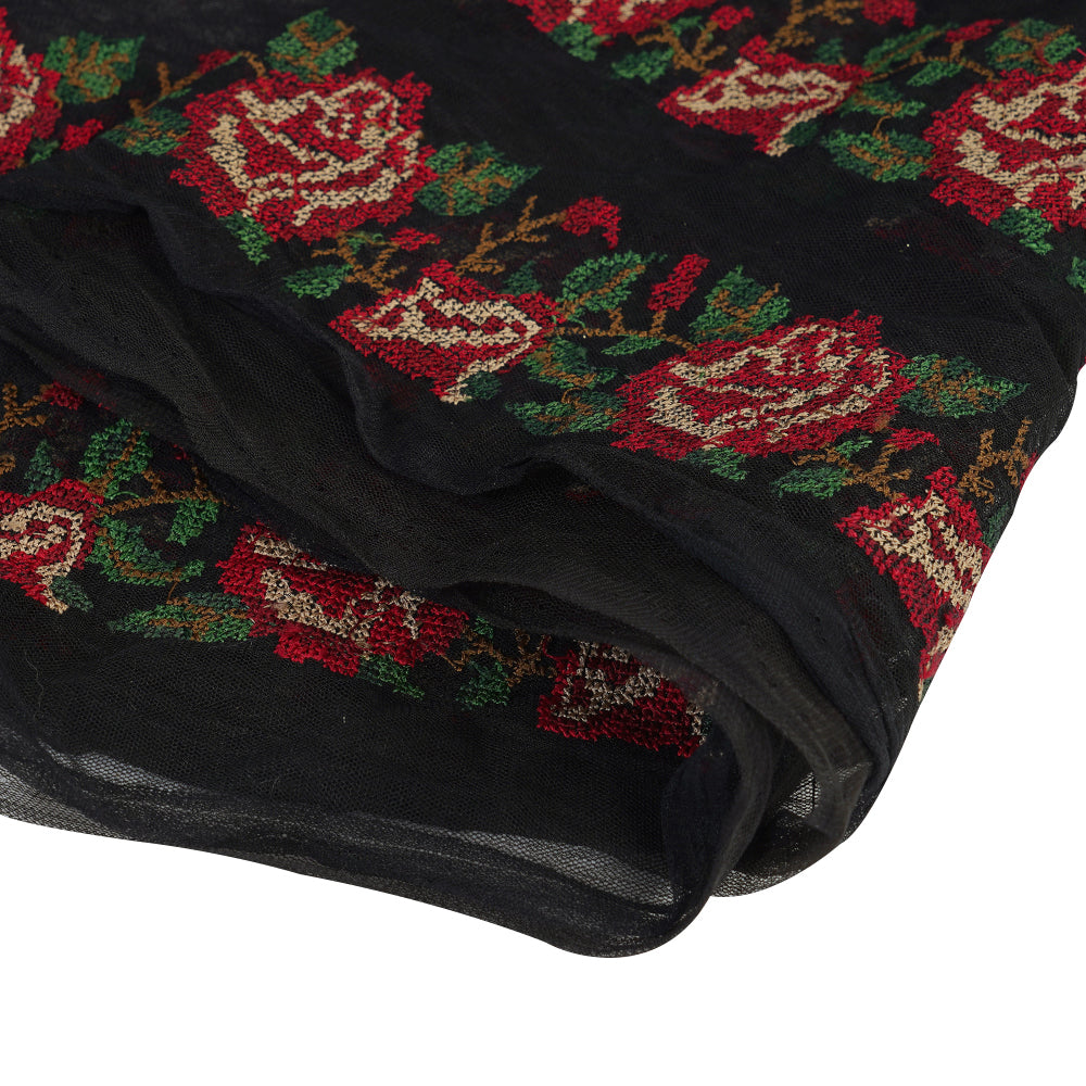 (Pre Cut 1.80 Mtr Piece) Black Color Embroidered Net Fabric
