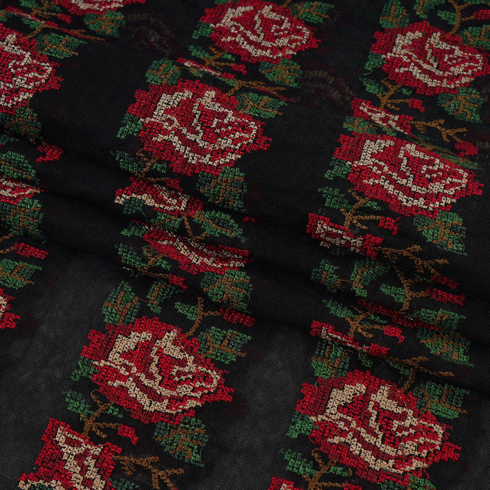 (Pre Cut 1.80 Mtr Piece) Black Color Embroidered Net Fabric