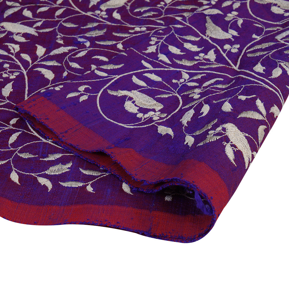 (Pre Cut 1.70 Mtr Piece) Purple Color Embroidered Dupion Silk Fabric