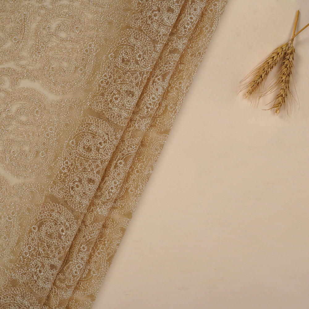 (Pre Cut 3.35 Mtr Piece) Beige Color Embroidered Nylon Net Fabric