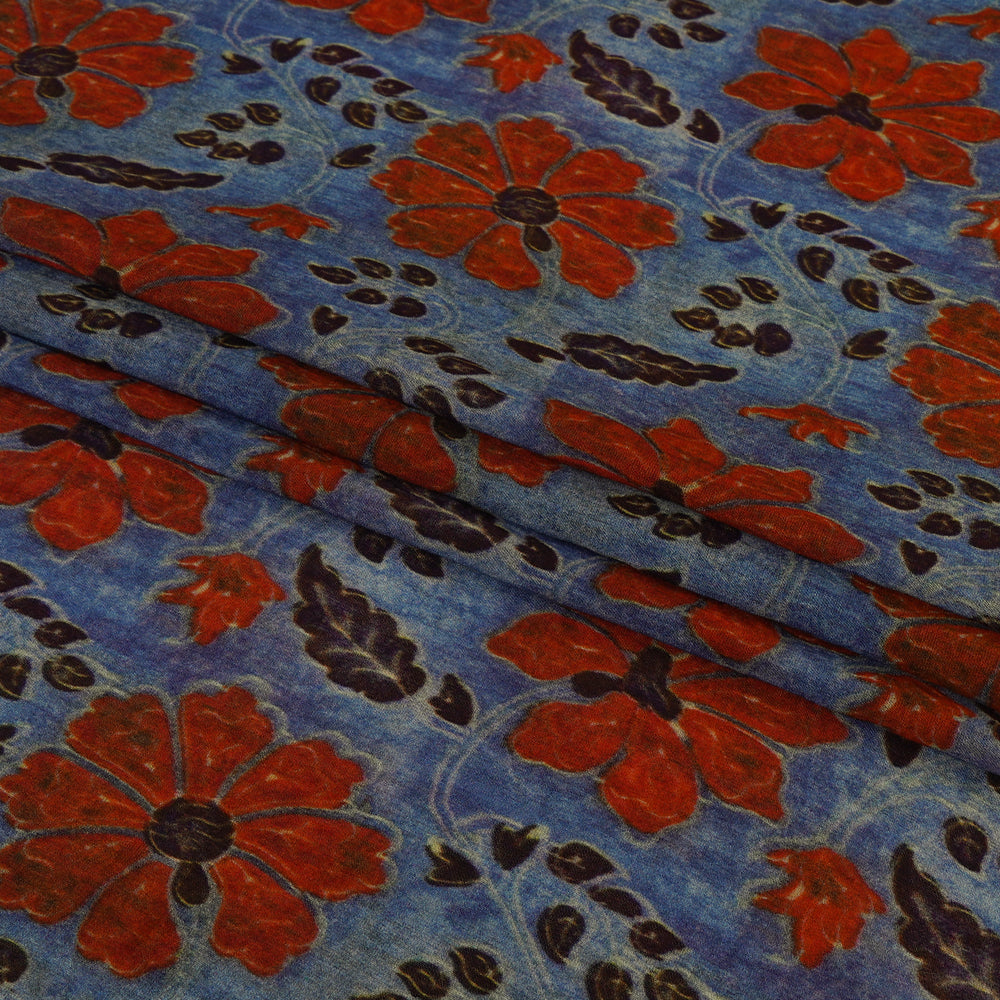 (Pre Cut 1.65 Mtr Piece) Blue-Red Color Digital Printed Chanderi Fabric