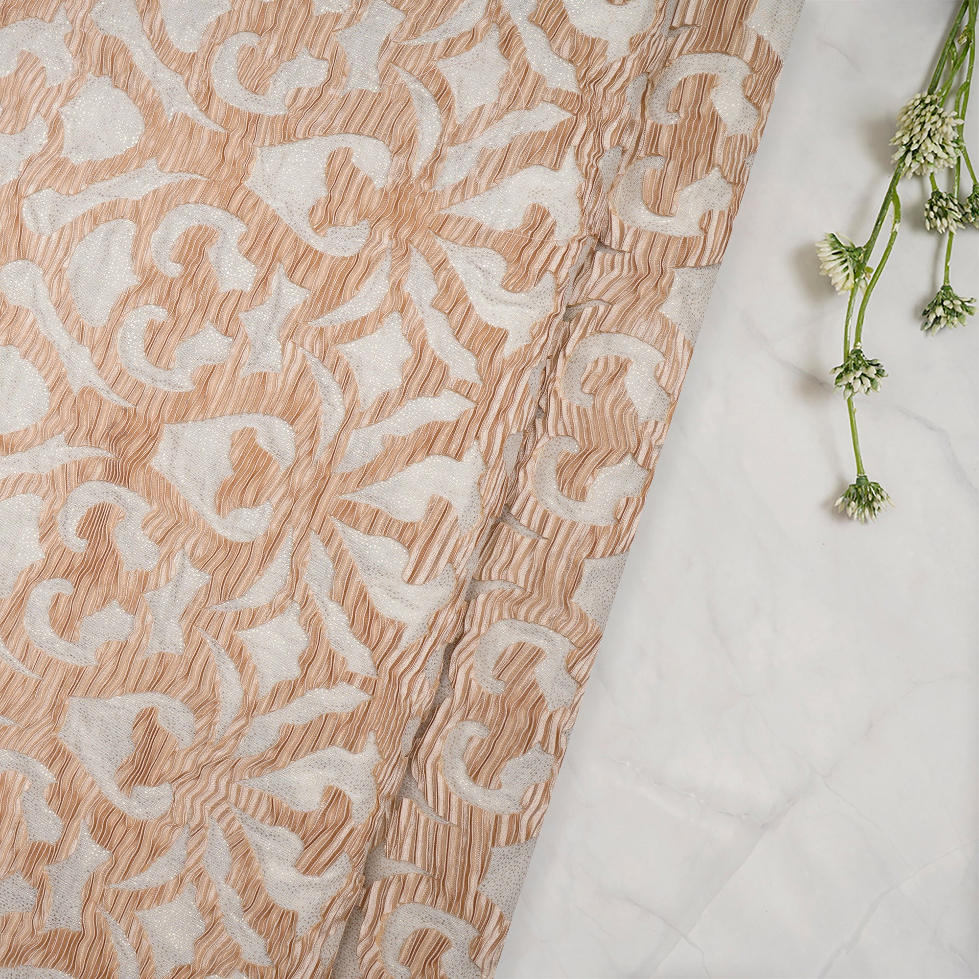 (Pre Cut 2.40 Mtr Piece) White Color Value Added Pleated Fancy Cotton Fabric