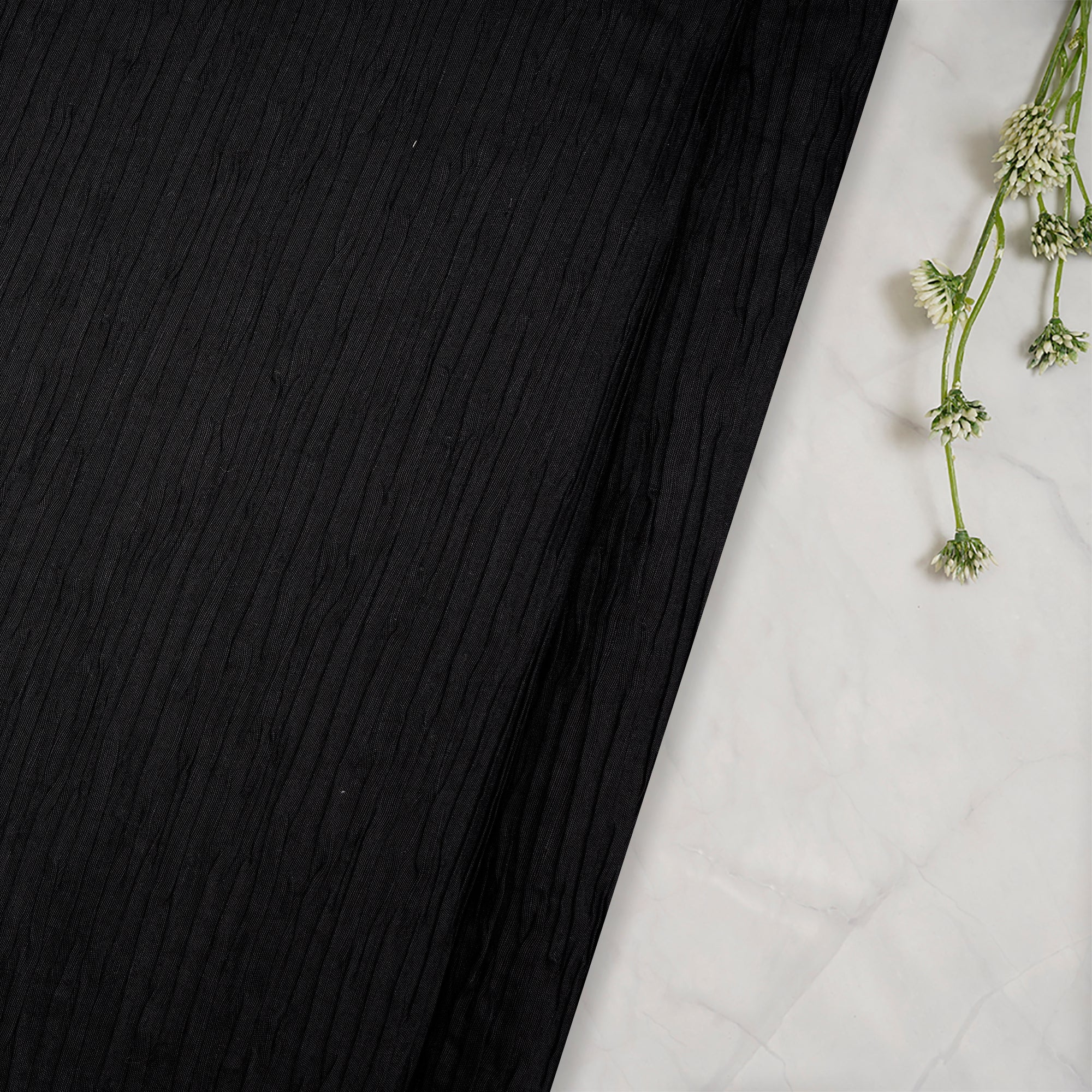 (Pre Cut 4.75 Mtr Piece) Black Color Value Added Pleated Bemberg Fabric With Back Pasting