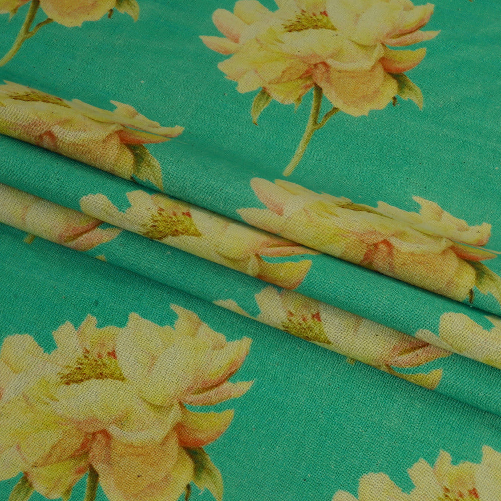 (Pre Cut 2.40 Mtr Piece) Jade Color Digital Printed Muslin Cotton Fabric