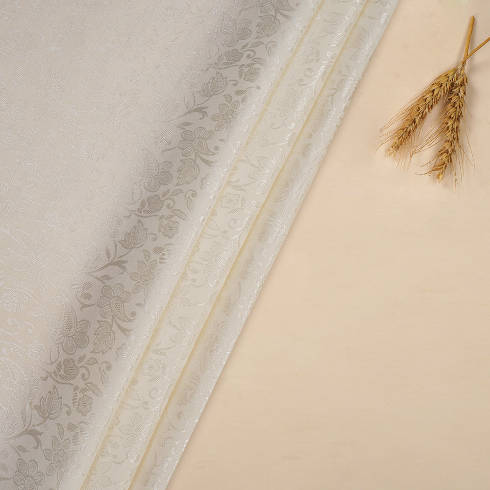 (Pre Cut 2.45 Mtr Piece) Off-White Color Satin Jacquard Bamberg Silk Fabric