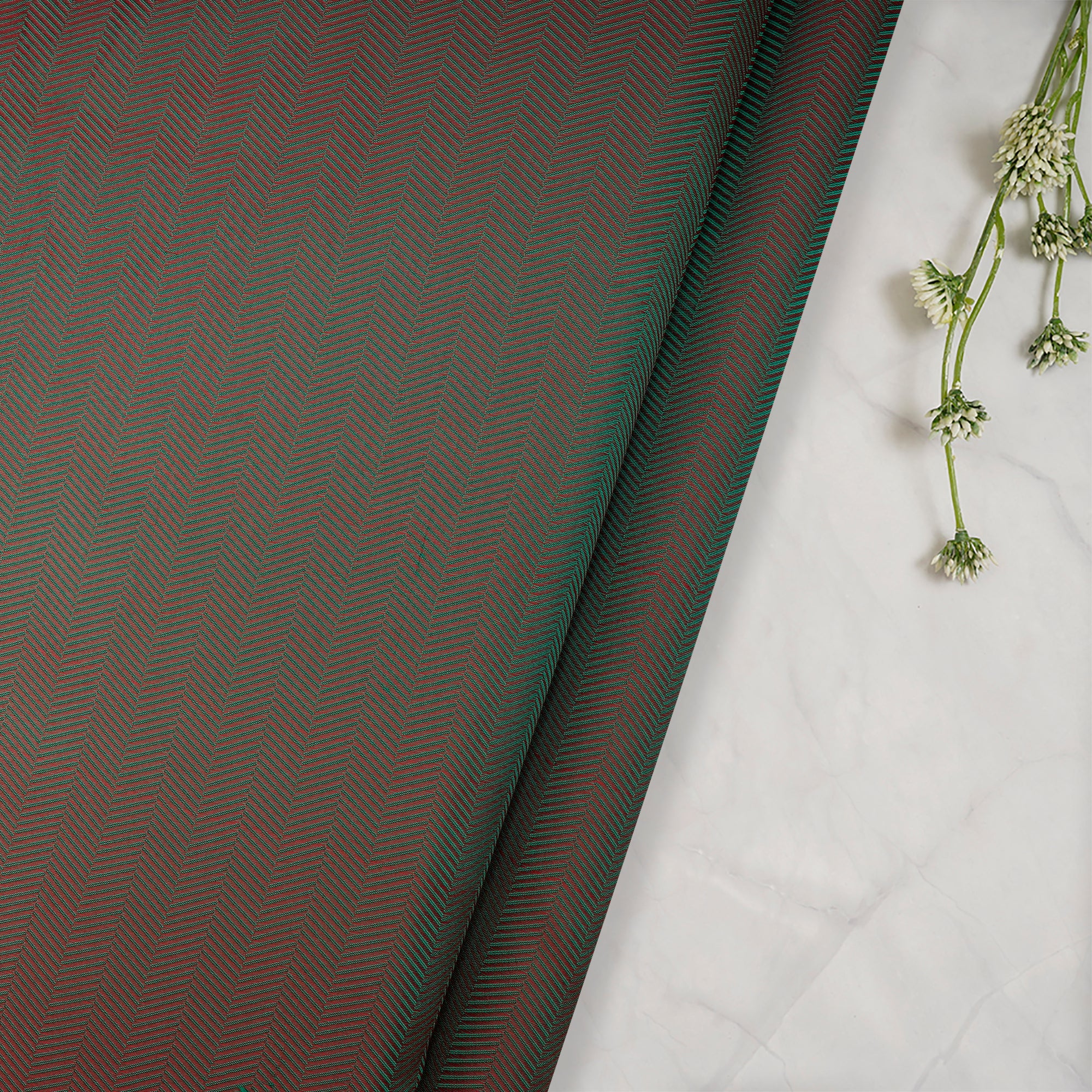 (Pre Cut 4.50 Mtr Piece) Red-Green Color Polyester Jacquard Fabric