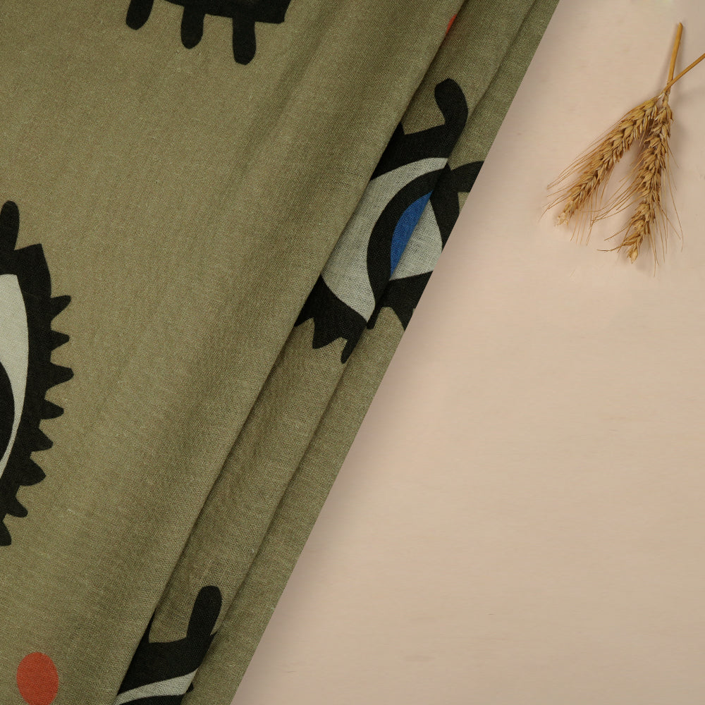 (Pre-Cut 1.35 Mtr ) Khaki Color Digital Printed Linen Fabric
