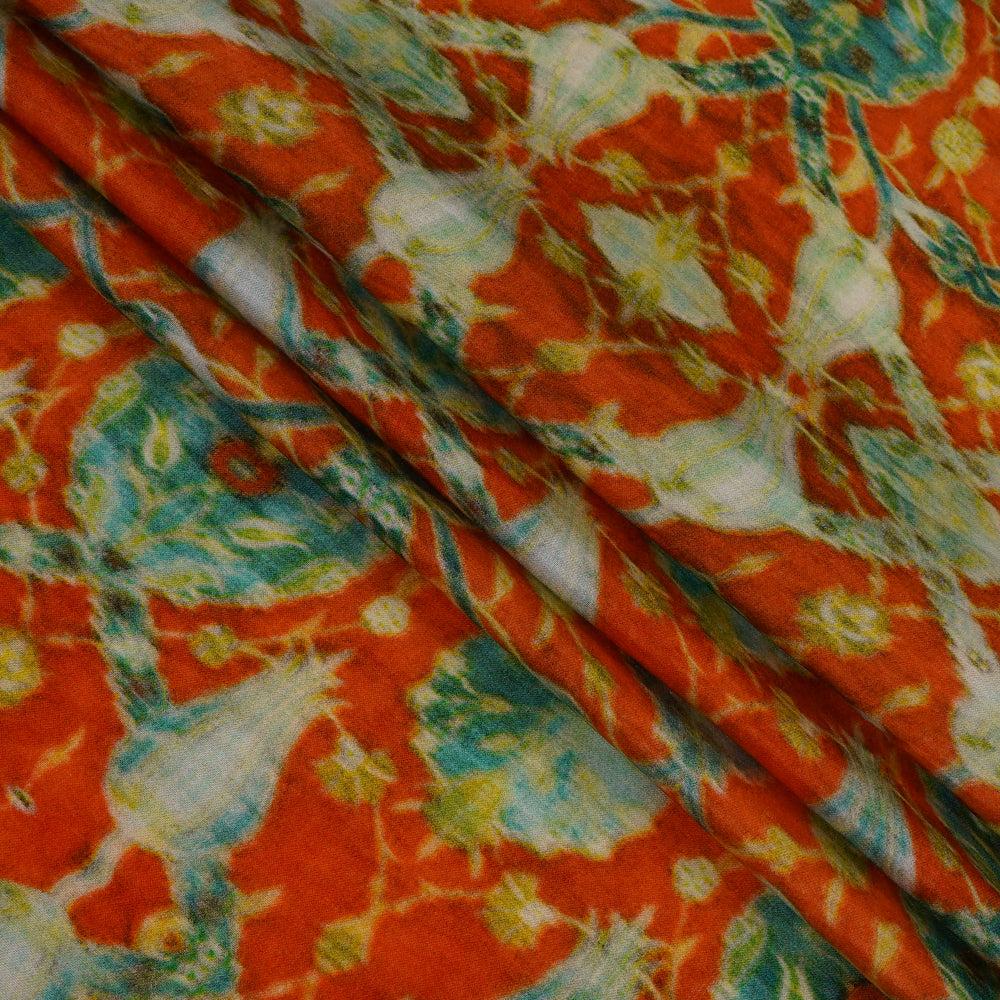 (Pre Cut 4.55 Mtr Piece) Orange Color Digital Printed Modal Satin Fabric