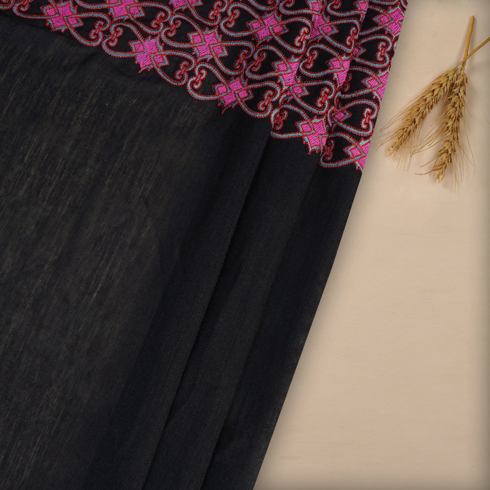 (Pre Cut 3.40 Mtr Piece) Black Color Embroidered Muga Silk Fabric