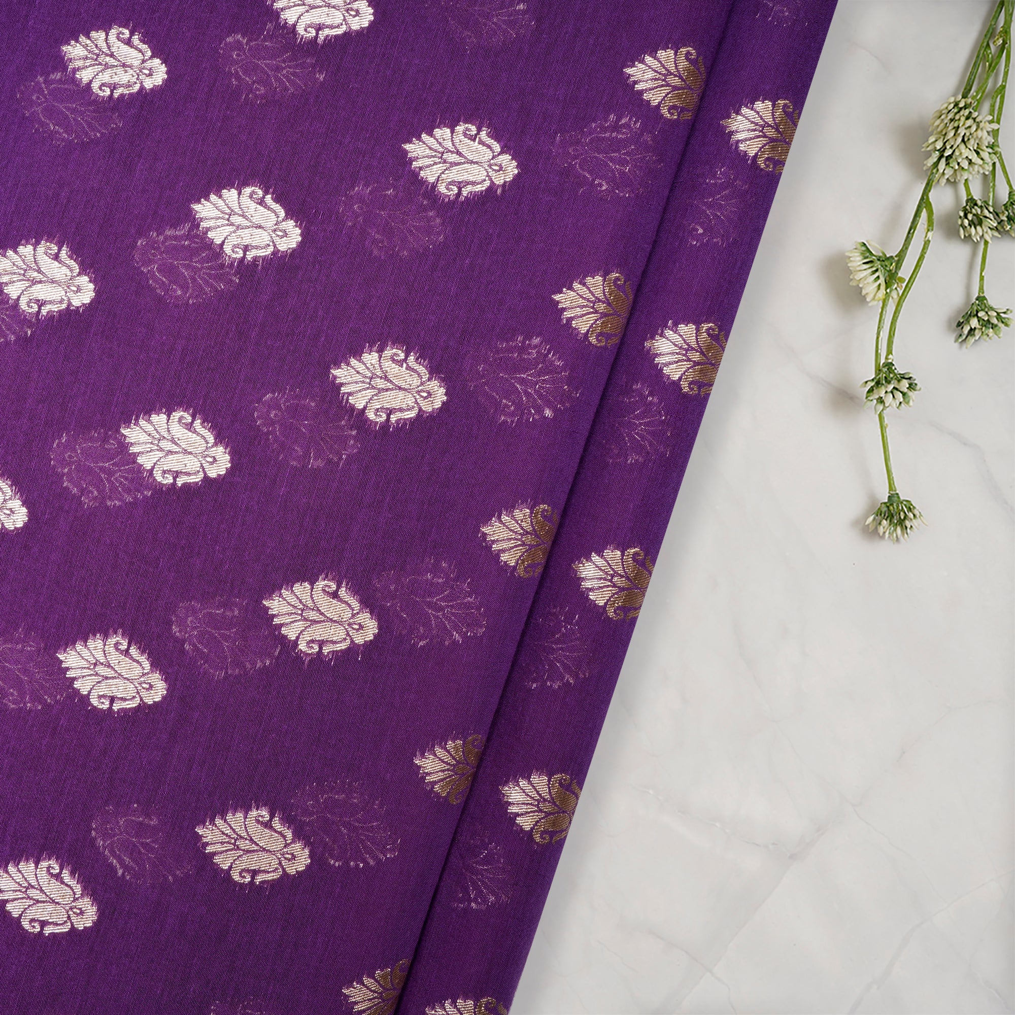 (Pre Cut 3 Mtr )Purple Motif Pattern Silk-Cotton Jacquard Fabric