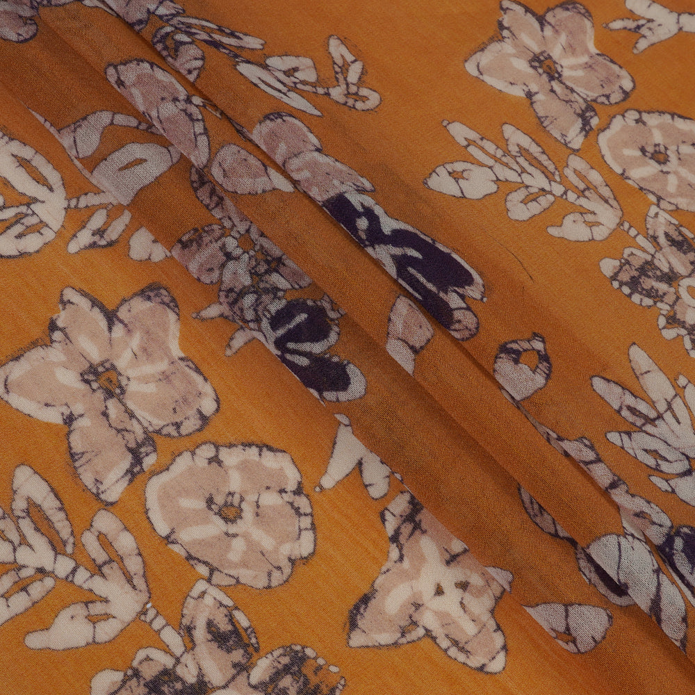 (Pre Cut 3.50 Mtr Piece) Ochre Color Digital Printed Silk Fabric