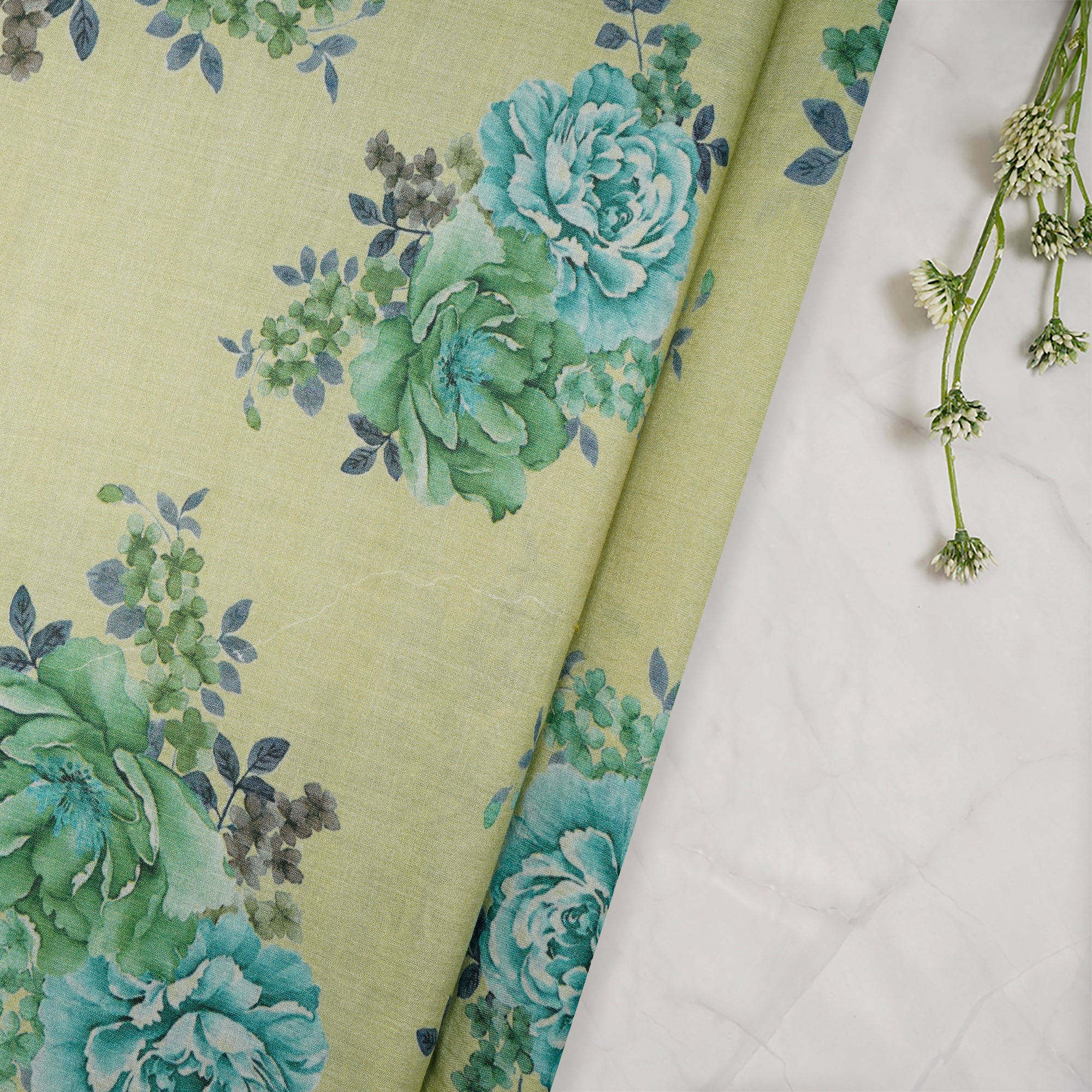 (Pre Cut 4 Mtr Piece) Green Color Floral Pattern Digital Printed Tussar Chanderi Fabric