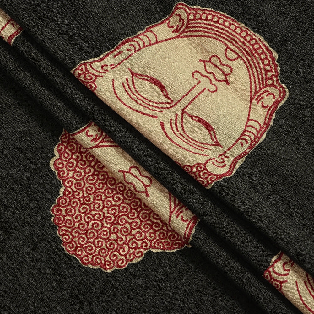 (pre Cut 3.50 Mtr Piece) Charcoal Color Kalamkari Pattern Digital Printed Dupion Silk Fabric