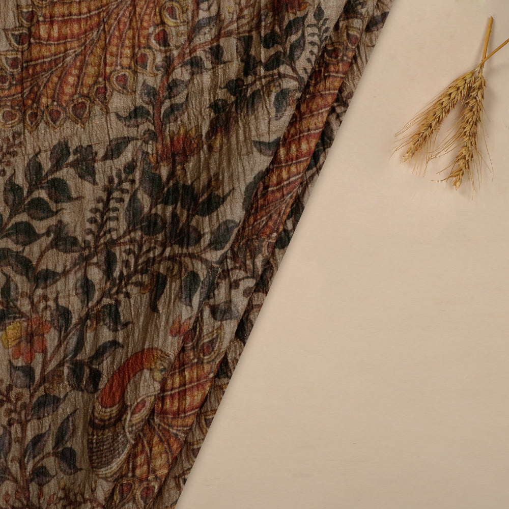(Pre Cut 3.30 Mtr Piece) Brown Color Kalamkari Pattern Digital Printed Pure Tussar Silk Fabric