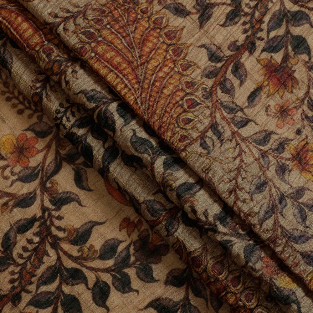 (Pre Cut 3.30 Mtr Piece) Brown Color Kalamkari Pattern Digital Printed Pure Tussar Silk Fabric