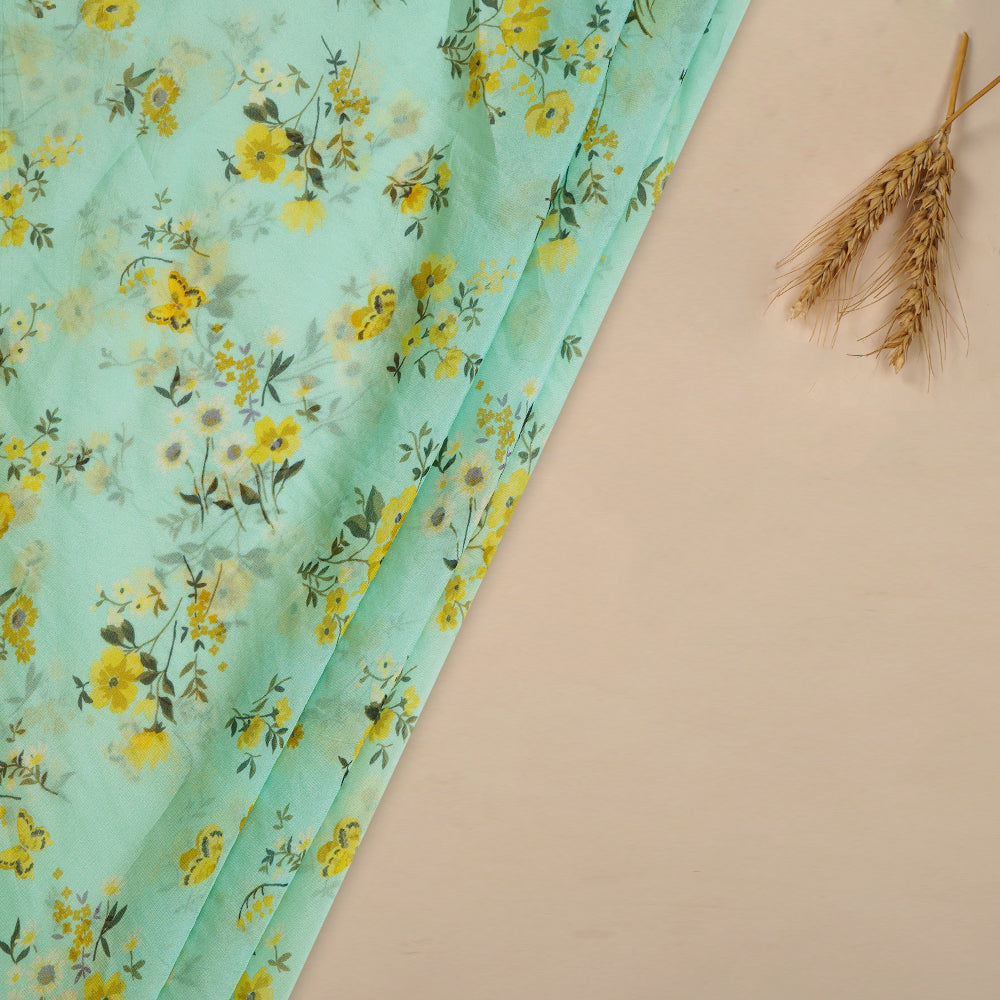 (Pre Cut 3 Mtr Piece) Light Blue Color Floral Pattern Digital Printed Viscose Organza Fabric