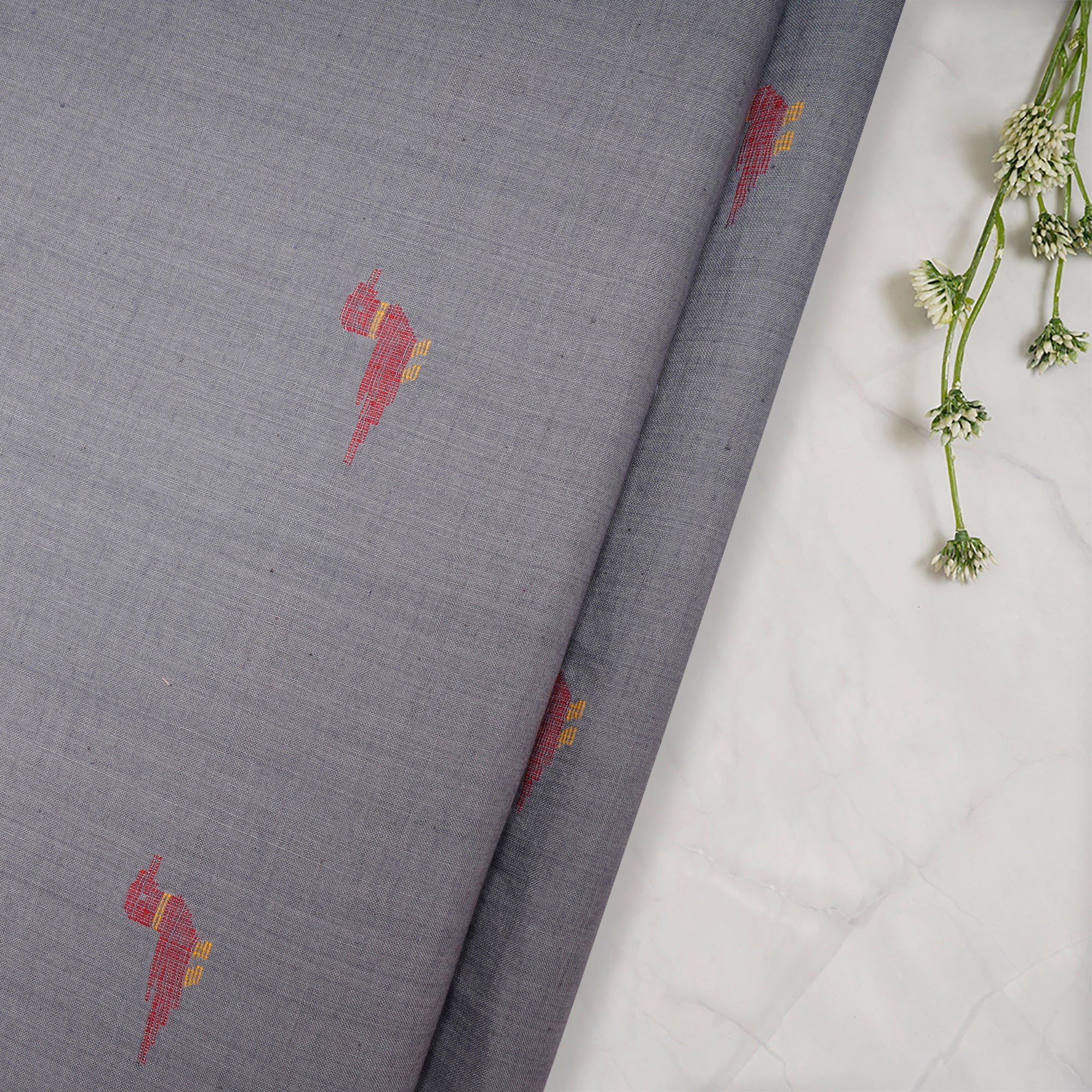 (Pre-Cut 3.00 Mtr )Grey Color Handloom Jamdani Pure Cotton Fabric