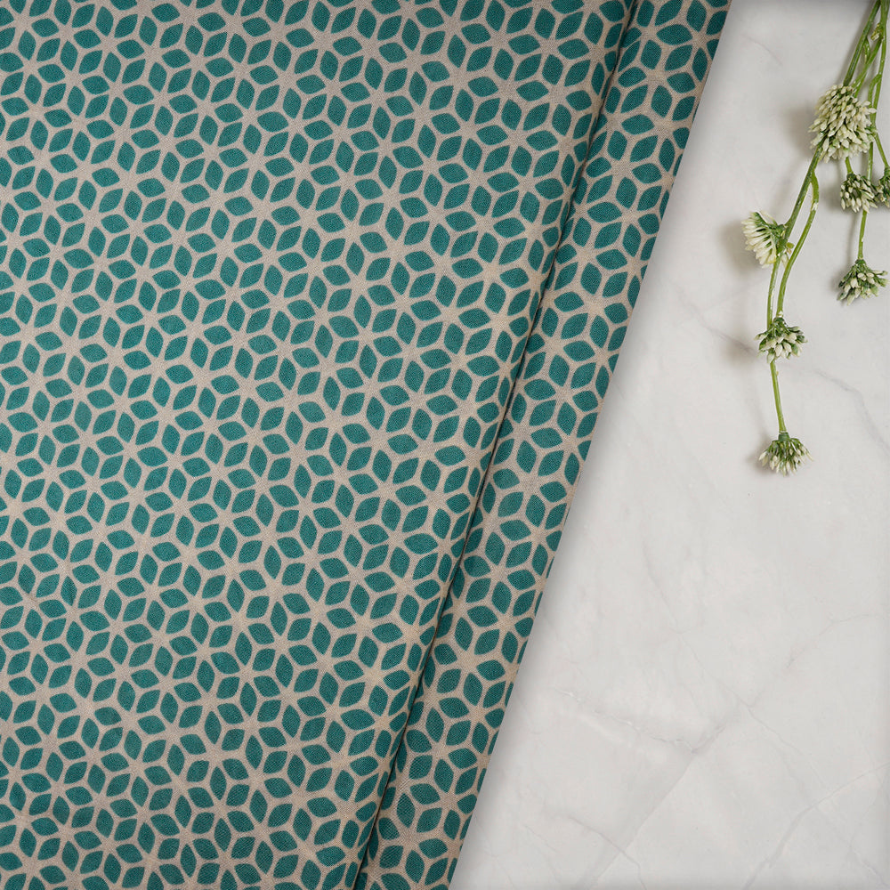 (Pre-Cut 4.35 Mtr) Beige-Turquoise Color Digital Printed Bemberg Modal Fabric