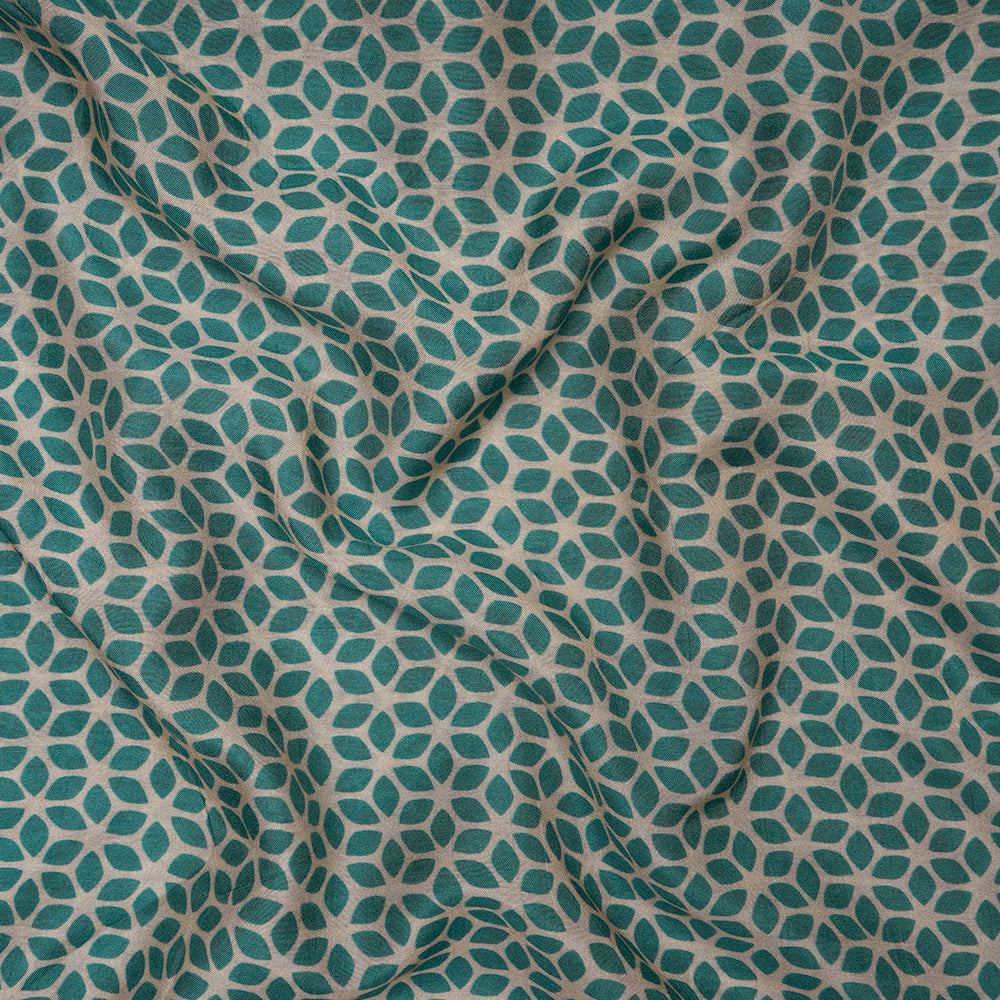 (Pre-Cut 4.35 Mtr) Beige-Turquoise Color Digital Printed Bemberg Modal Fabric
