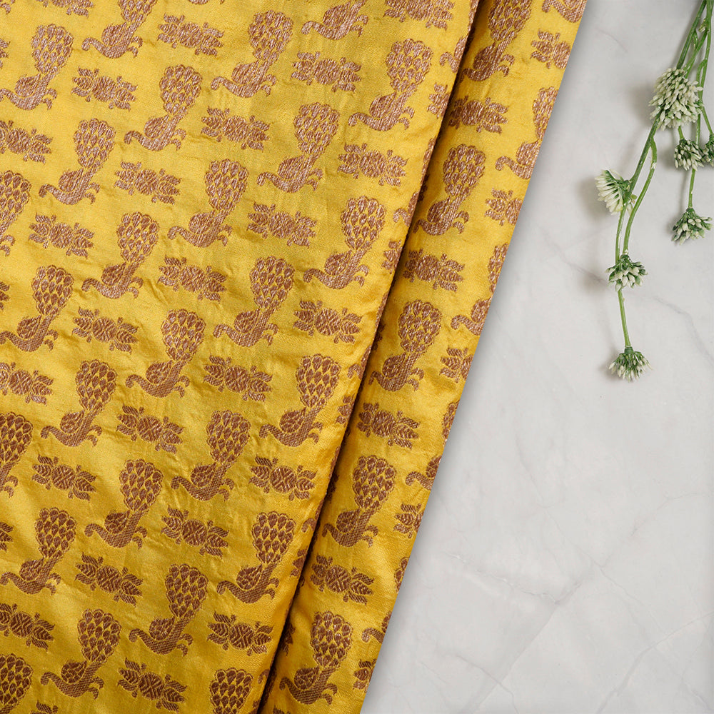 (Pre-Cut 1 Mtr) Yellow Color Handwoven Brocade Silk Fabric
