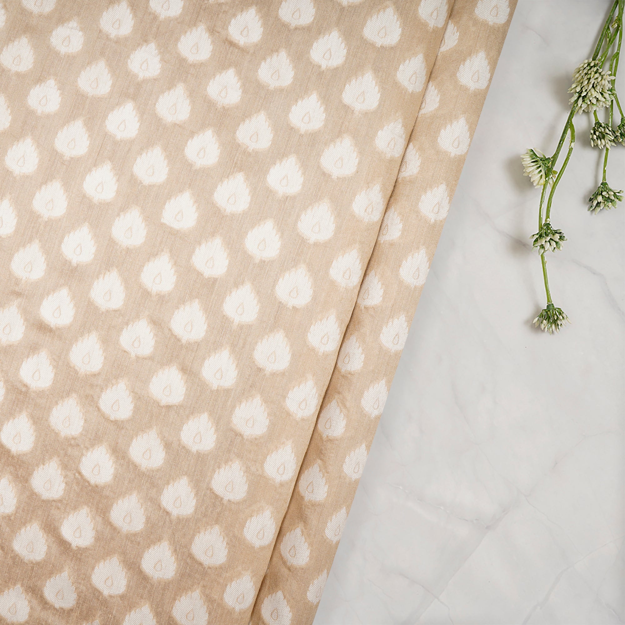 (Pre Cut 3.30 Mtr Piece) Beige Color Muga Silk Jacquard Fabric