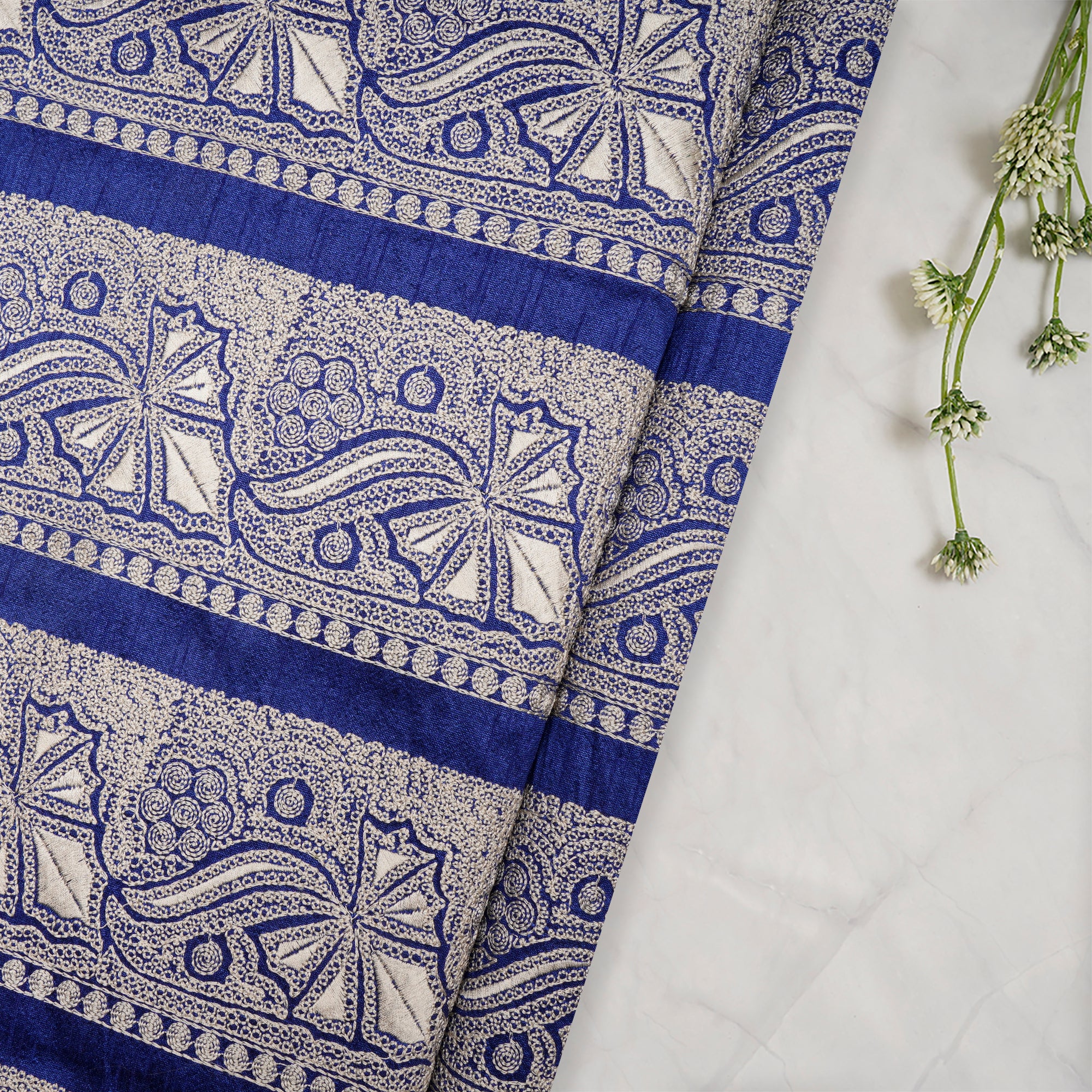 (Pre Cut 2.50 Mtr Piece) Blue Color Embroidered Polyester Fabric