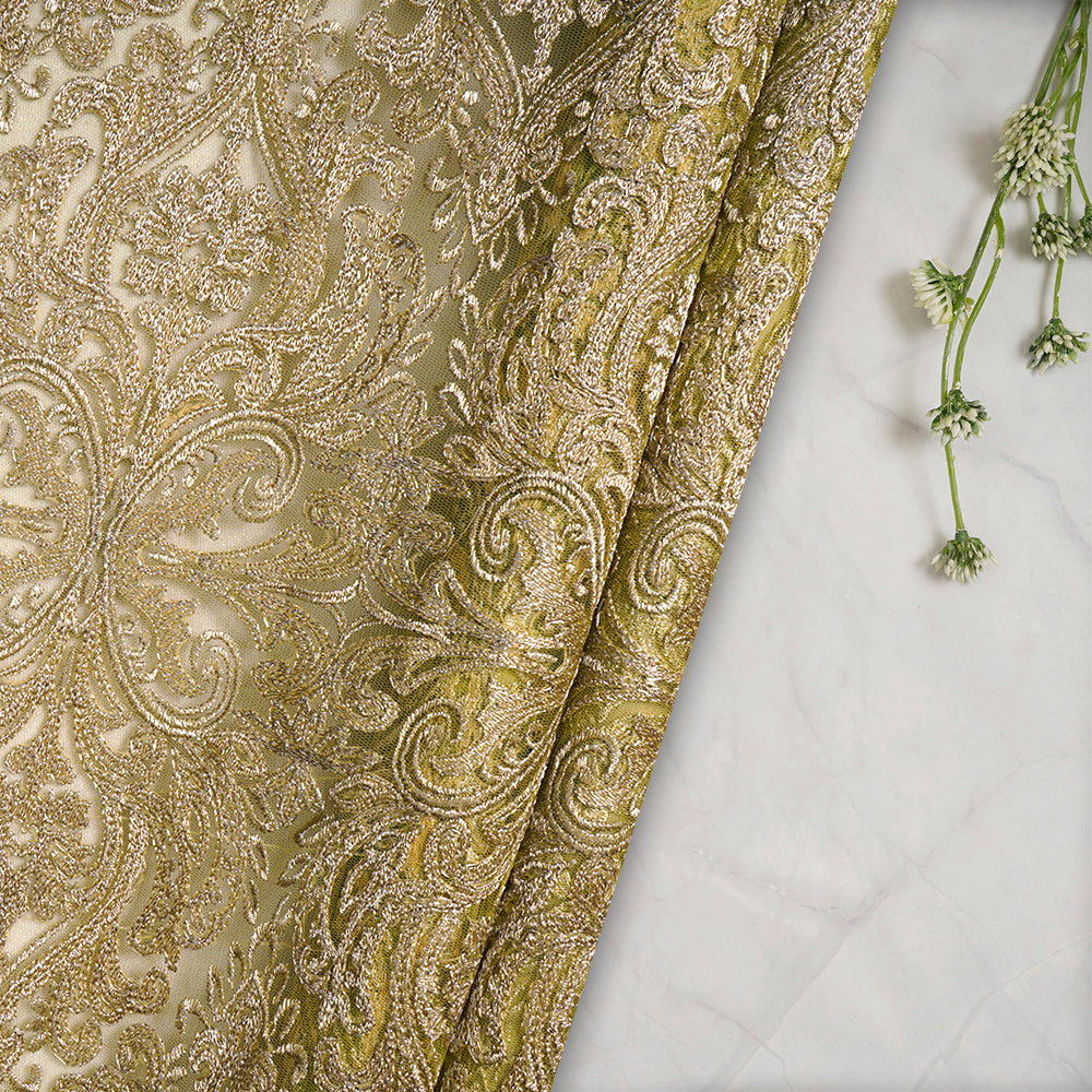 (Pre-Cut 1.20 Mtr) Green-Golden Color Embroidered Nylon Net