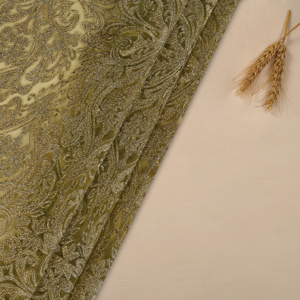 (Pre Cut 3.10 Mtr Piece) Lime Yellow Color Embroidered Nylon Net Fabric