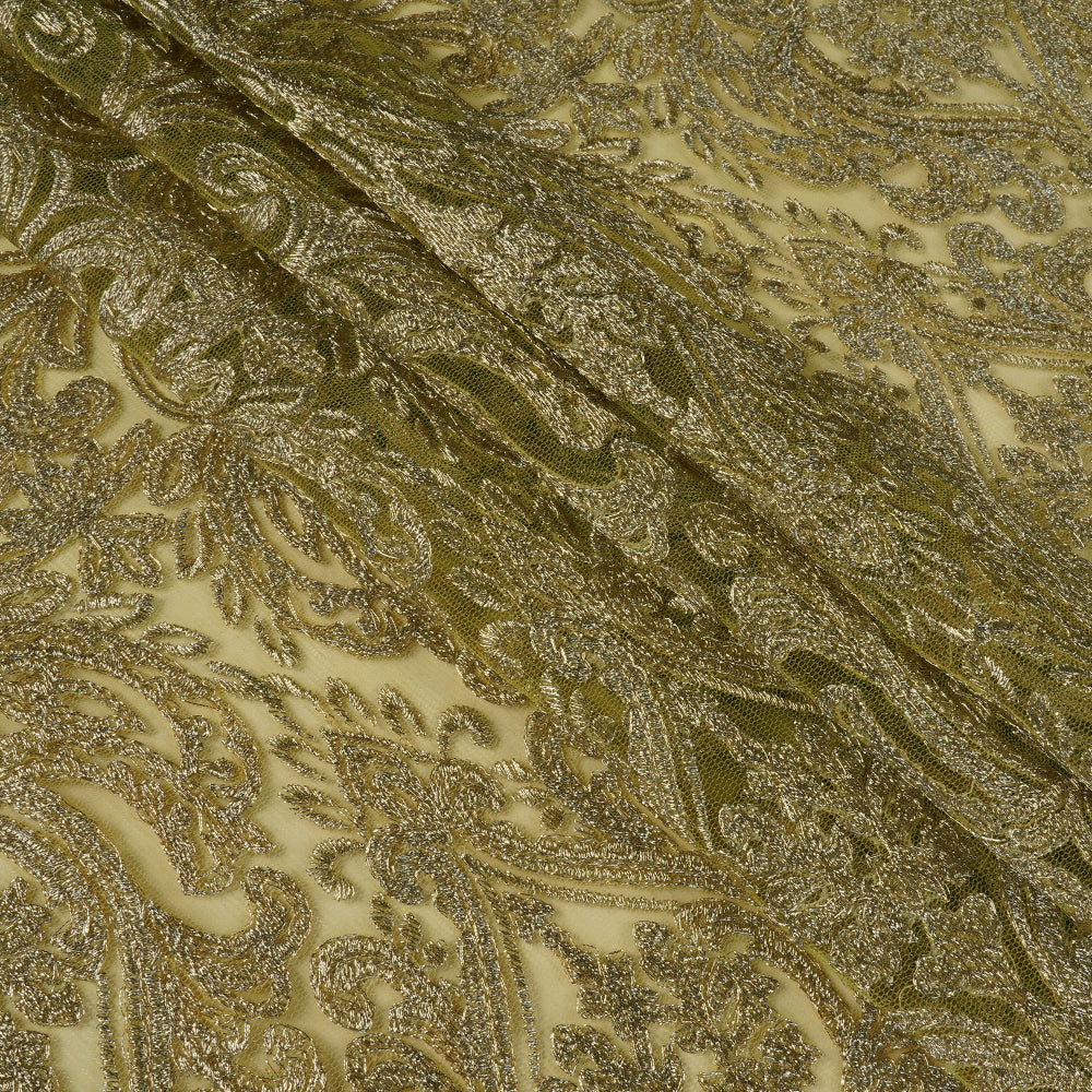 (Pre Cut 3.10 Mtr Piece) Lime Yellow Color Embroidered Nylon Net Fabric