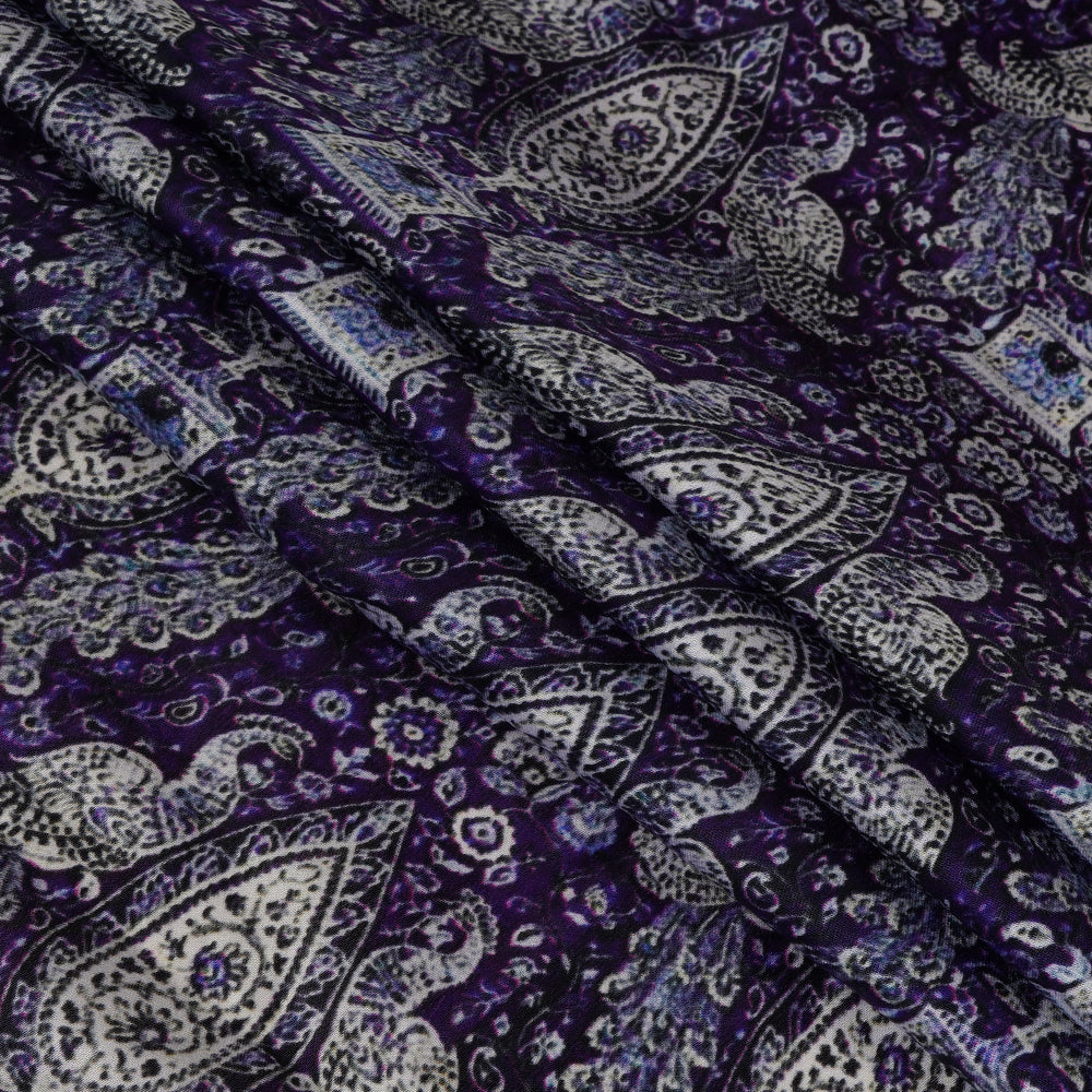 (Pre Cut 1 Mtr Piece) Purple Color Printed Bemberg Georgette Satin Fabric
