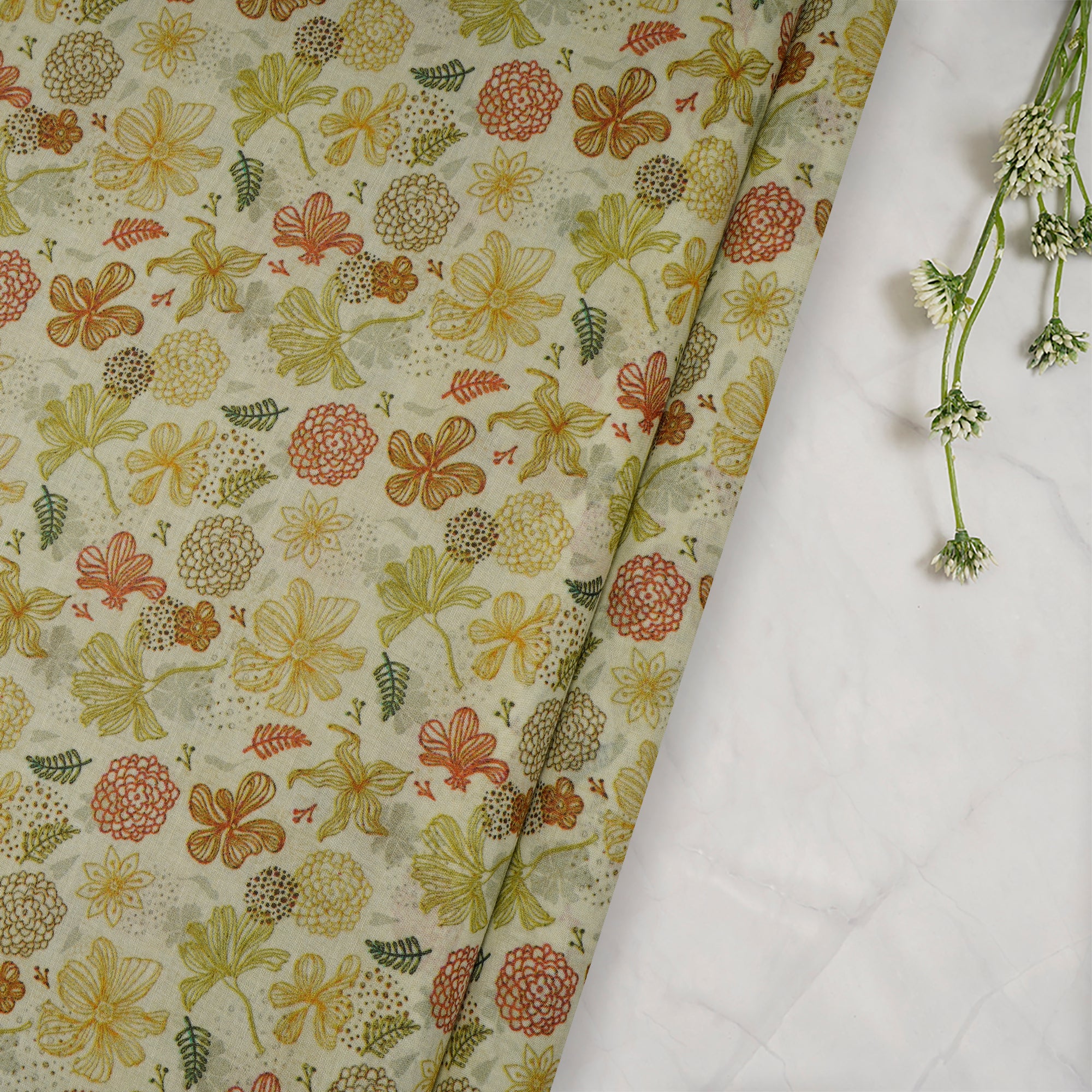 (Pre-Cut 4.85 Mtr) Lime Green Digital Printed Chanderi Fabric