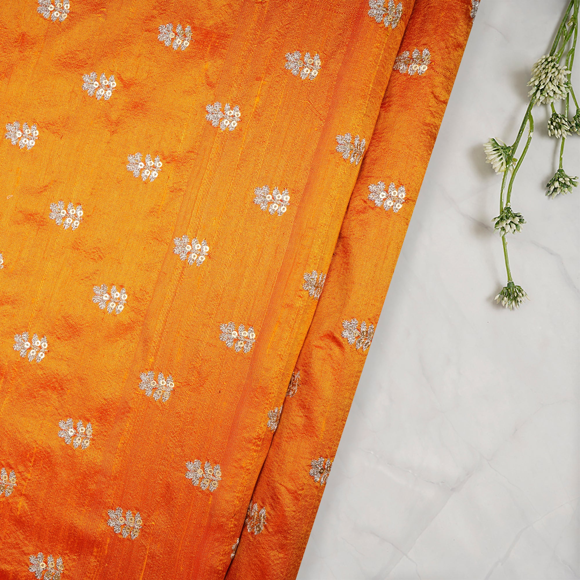 (Pre Cut 3.40 Mtr piece) Mustard Color Embroidered Dupion Fabric
