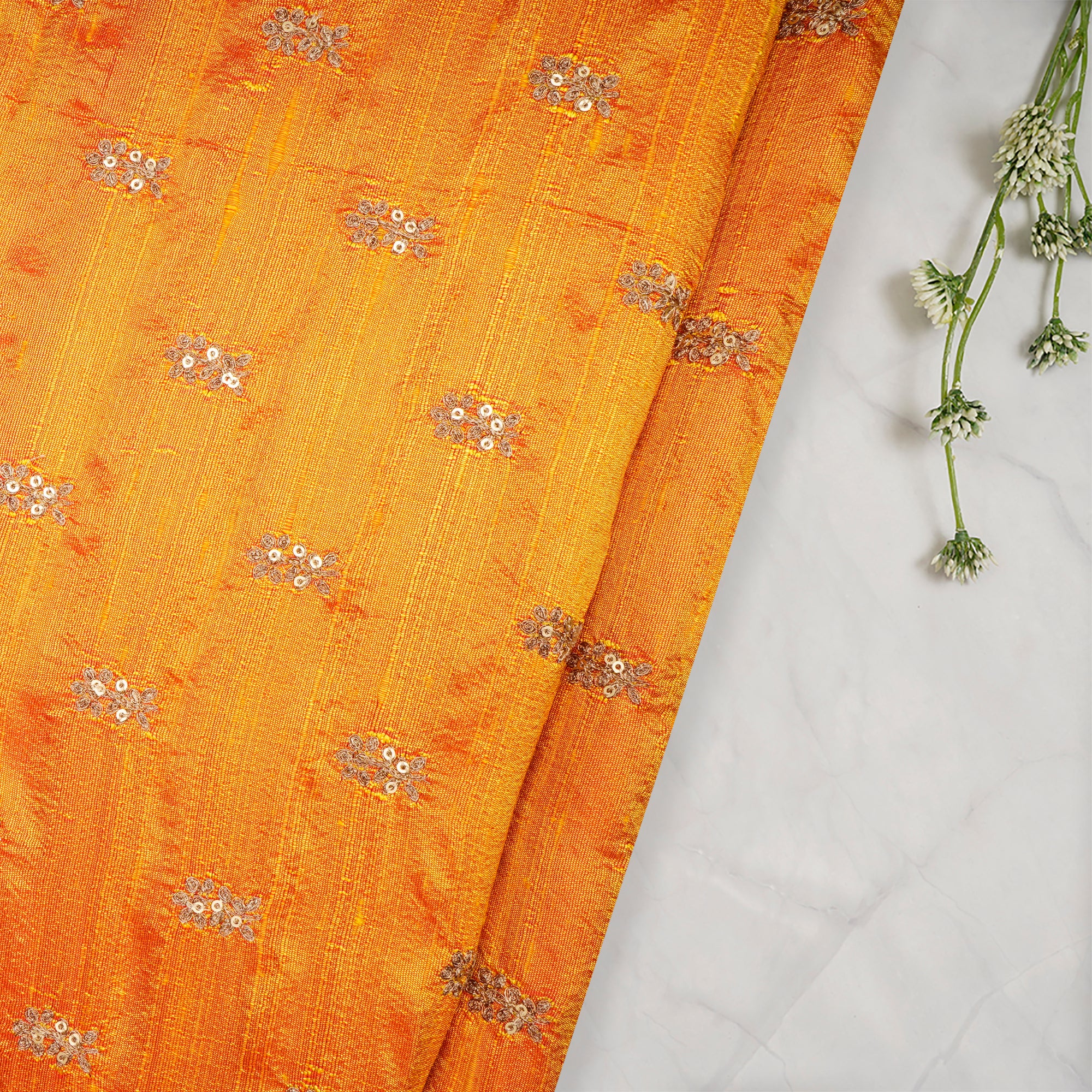 (Pre-Cut 4.10 Mtr) Mustard Color Embroidered Dupion Fabric