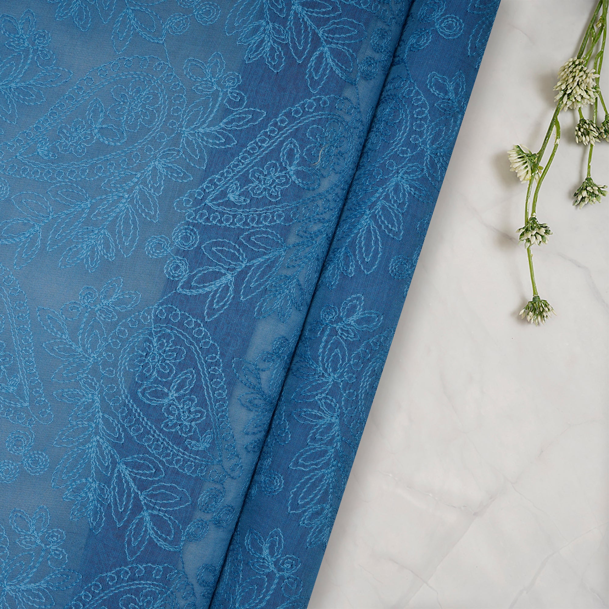 (Pre-Cut 0.65 Mtr) Blue Color Embroidered Pure Chanderi Fabric