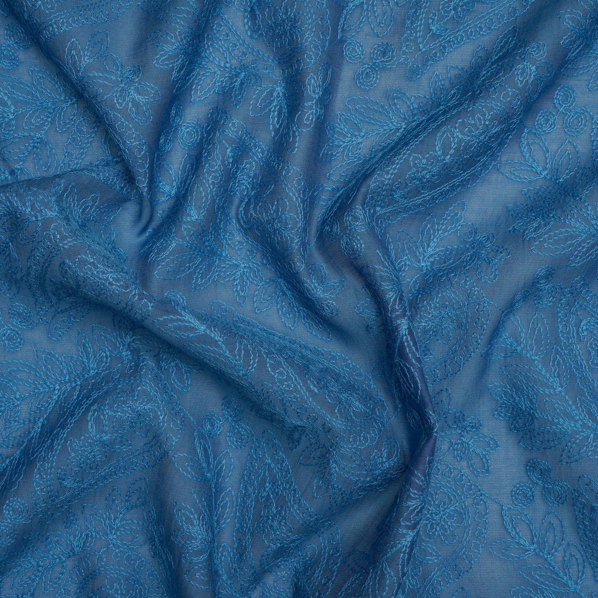 (Pre-Cut 0.65 Mtr) Blue Color Embroidered Pure Chanderi Fabric