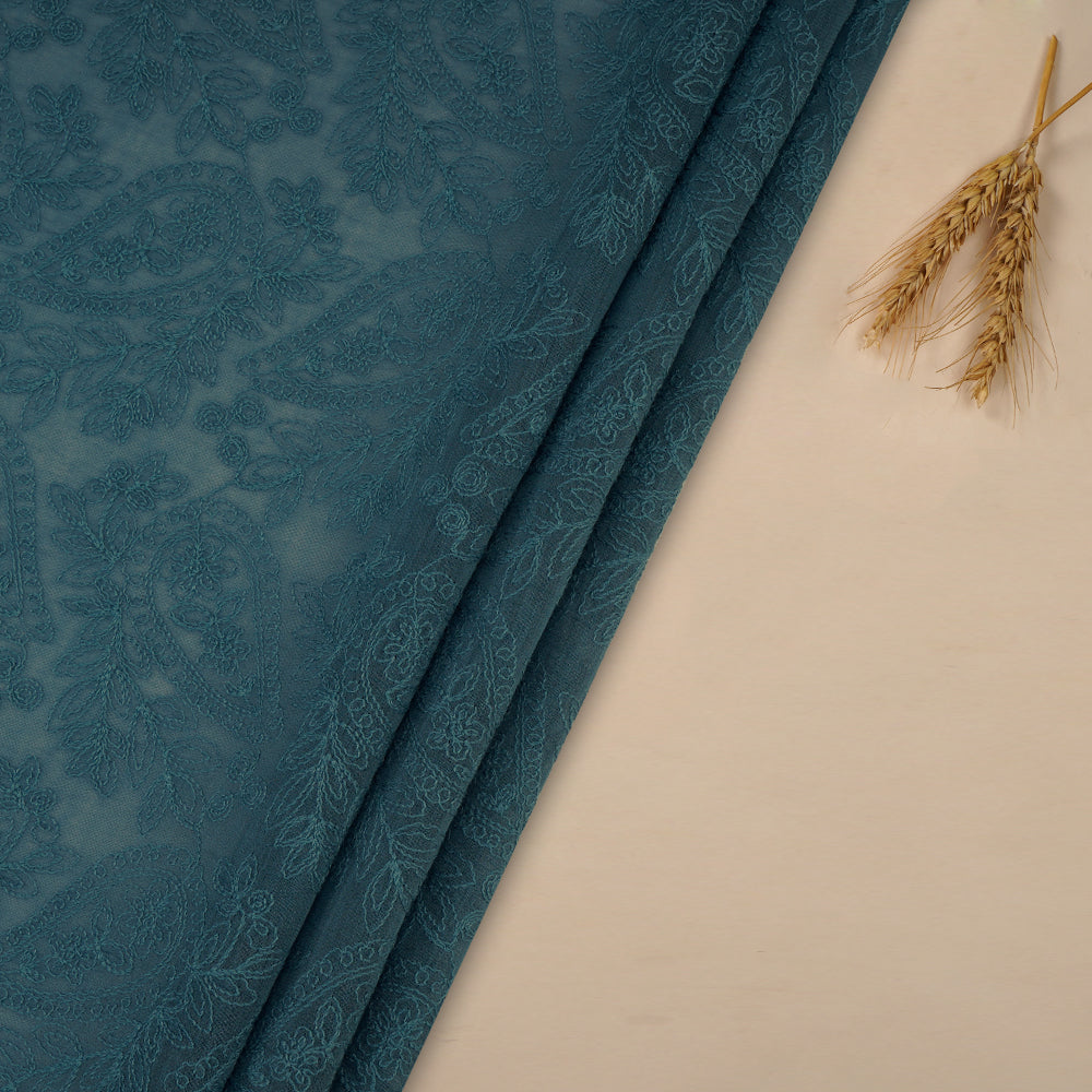 (Pre Cut 1 Mtr piece) Blue Color Embroidered Pure Chanderi Fabric