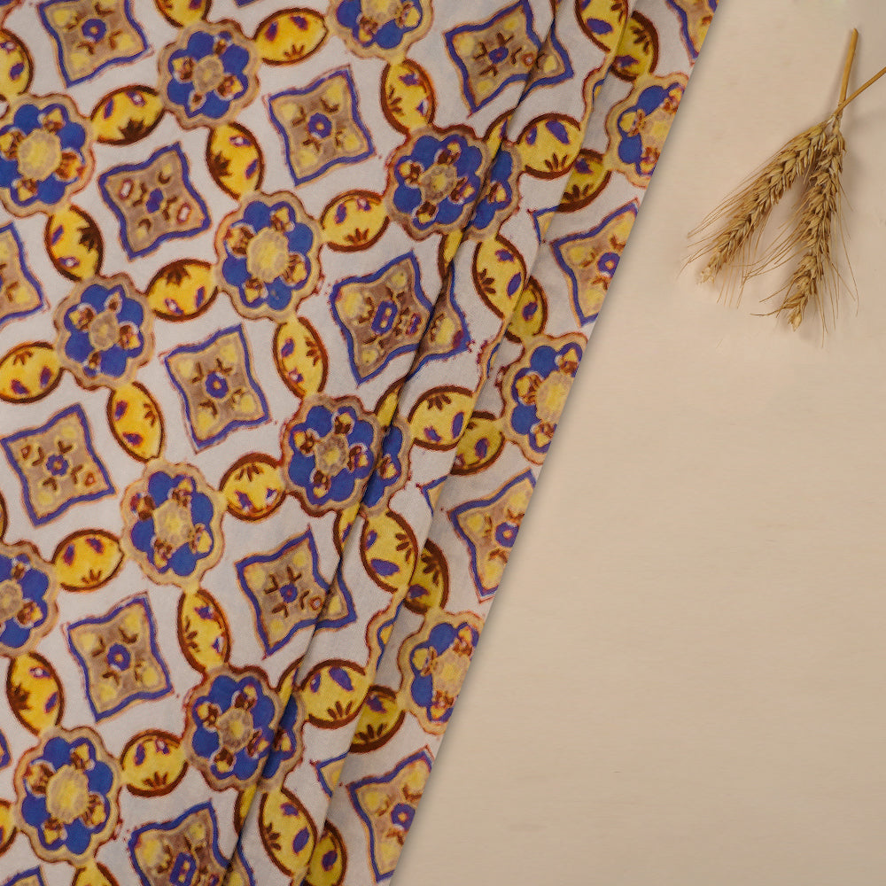 (Pre Cut 4.25 Mtr Piece) Cream-Yellow Color Printed Pure Chanderi Fabric