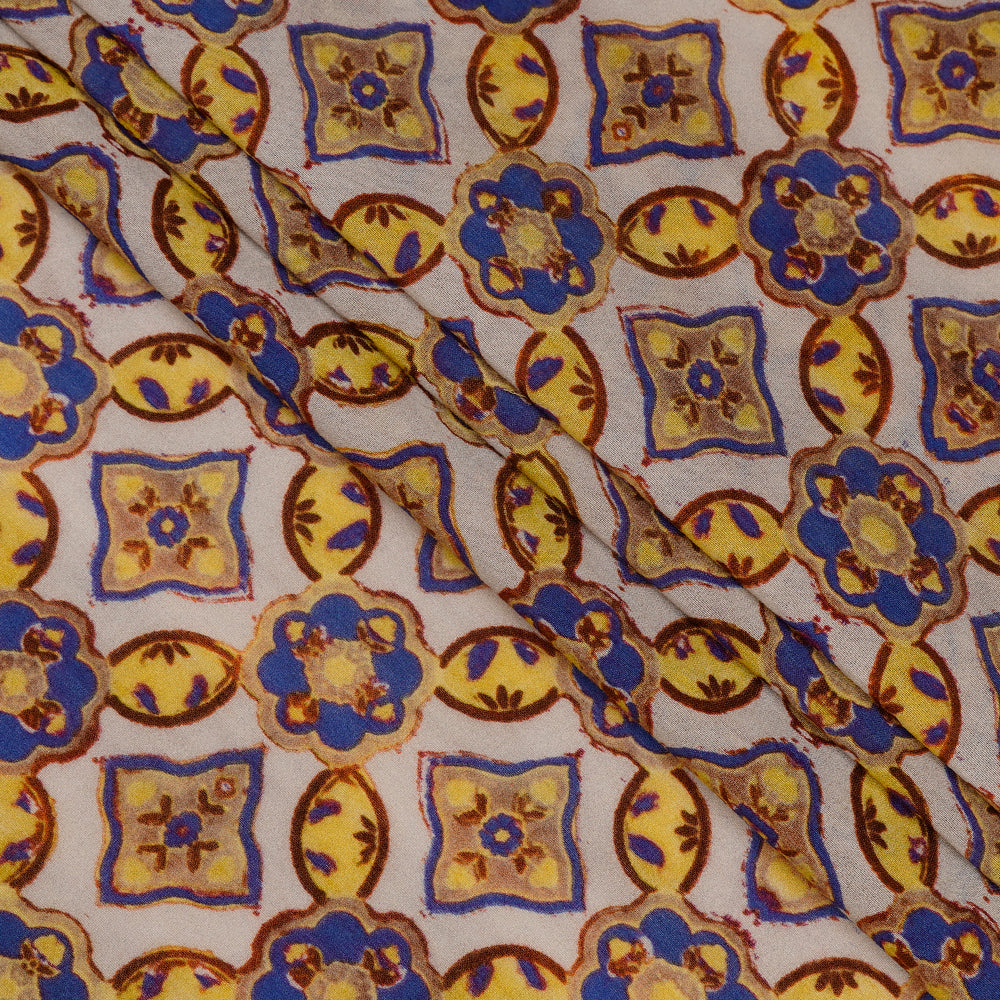 (Pre Cut 4.25 Mtr Piece) Cream-Yellow Color Printed Pure Chanderi Fabric