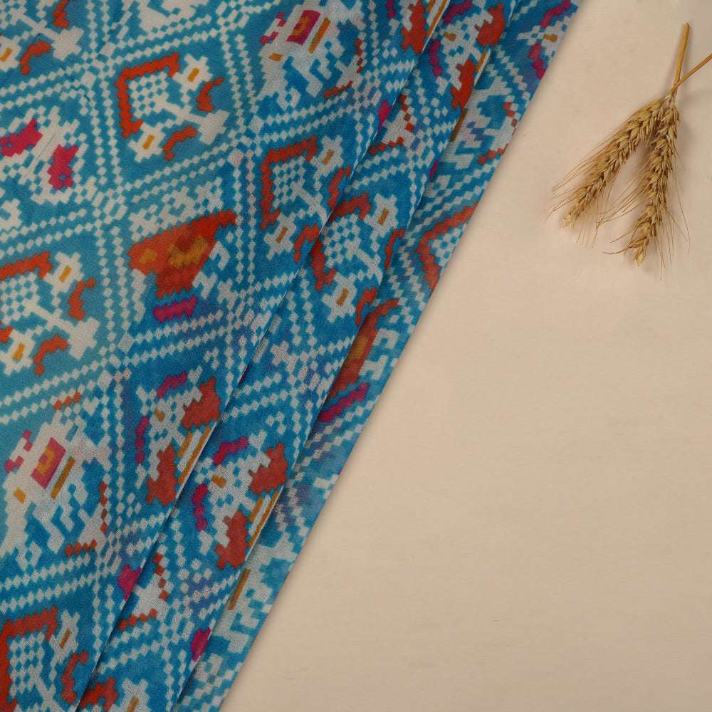 (Pre Cut 2.10 Mtr Piece) Blue Color Digital Printed Viscose Georgette Fabric