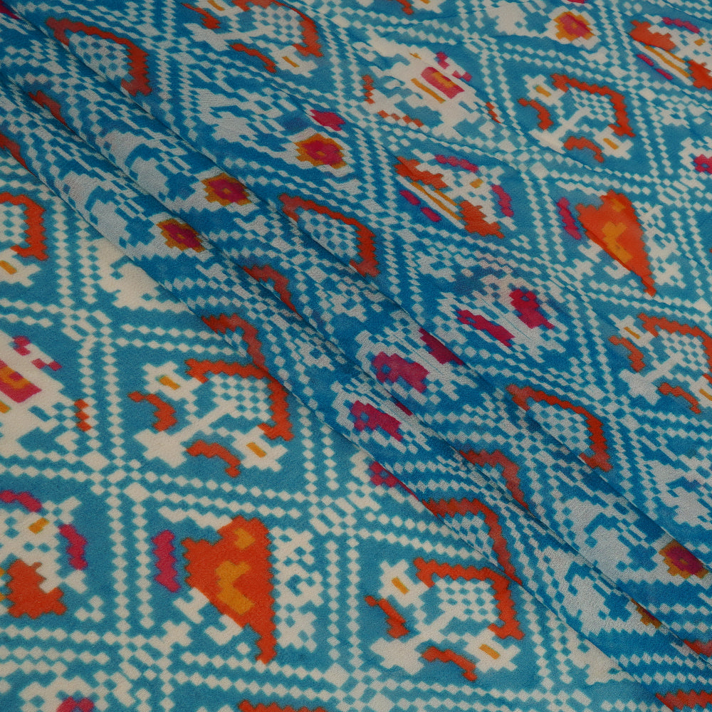 (Pre Cut 2.10 Mtr Piece) Blue Color Digital Printed Viscose Georgette Fabric
