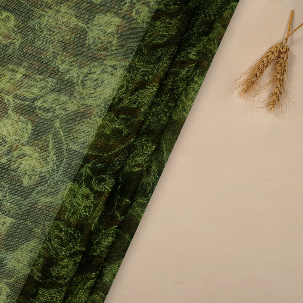 (Pre-Cut 3 Mtr) Green-Brown Color Printed Kota Silk Fabric