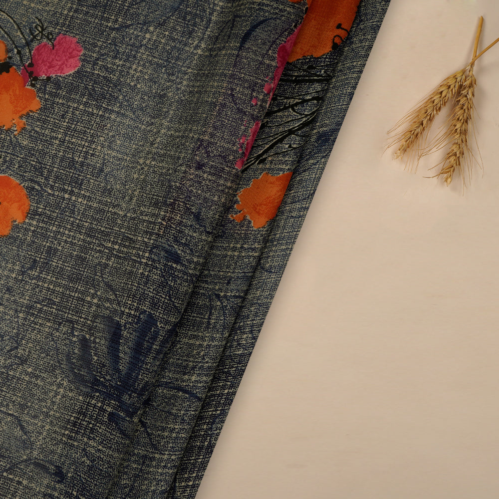 (Pre-Cut 2.45 Mtr) Blue Color Printed Poly Georgette Satin Fabric