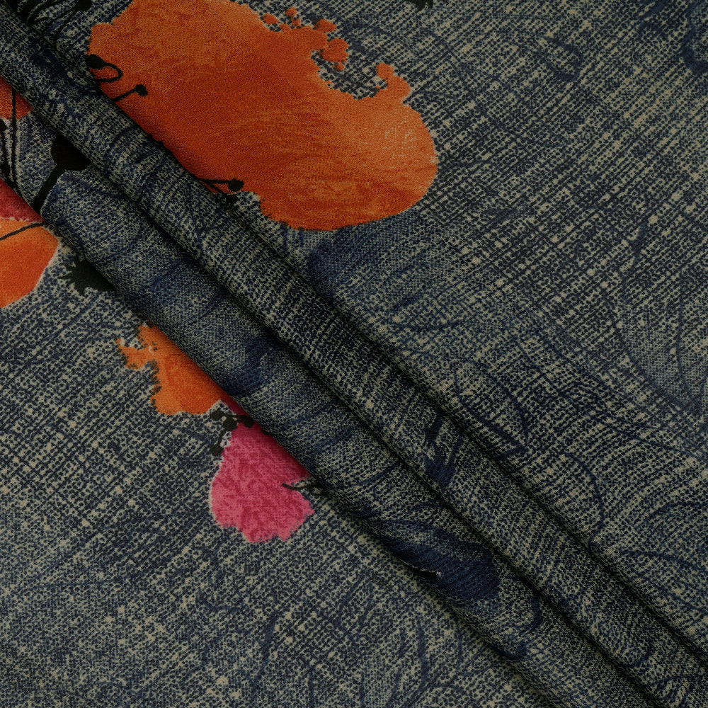 (Pre-Cut 2.45 Mtr) Blue Color Printed Poly Georgette Satin Fabric