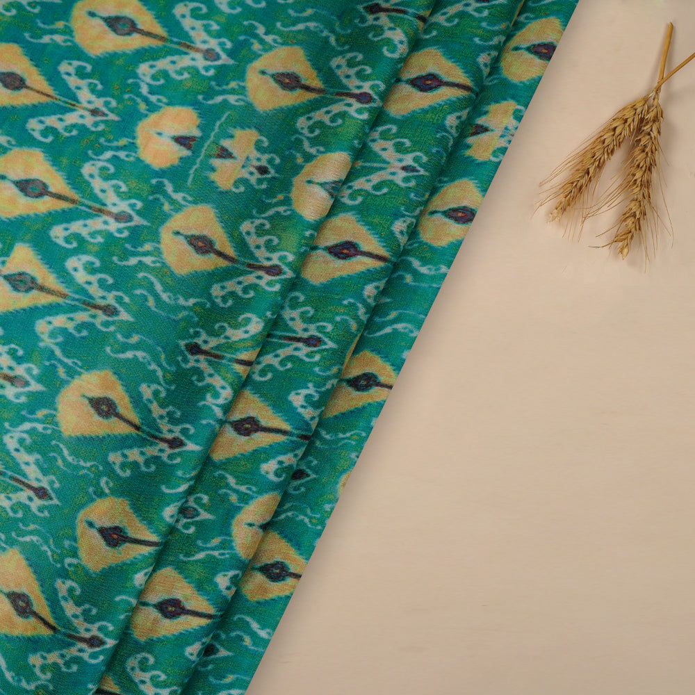 (Pre-Cut 4 Mtr) Green Color Printed Poly Georgette Satin Fabric