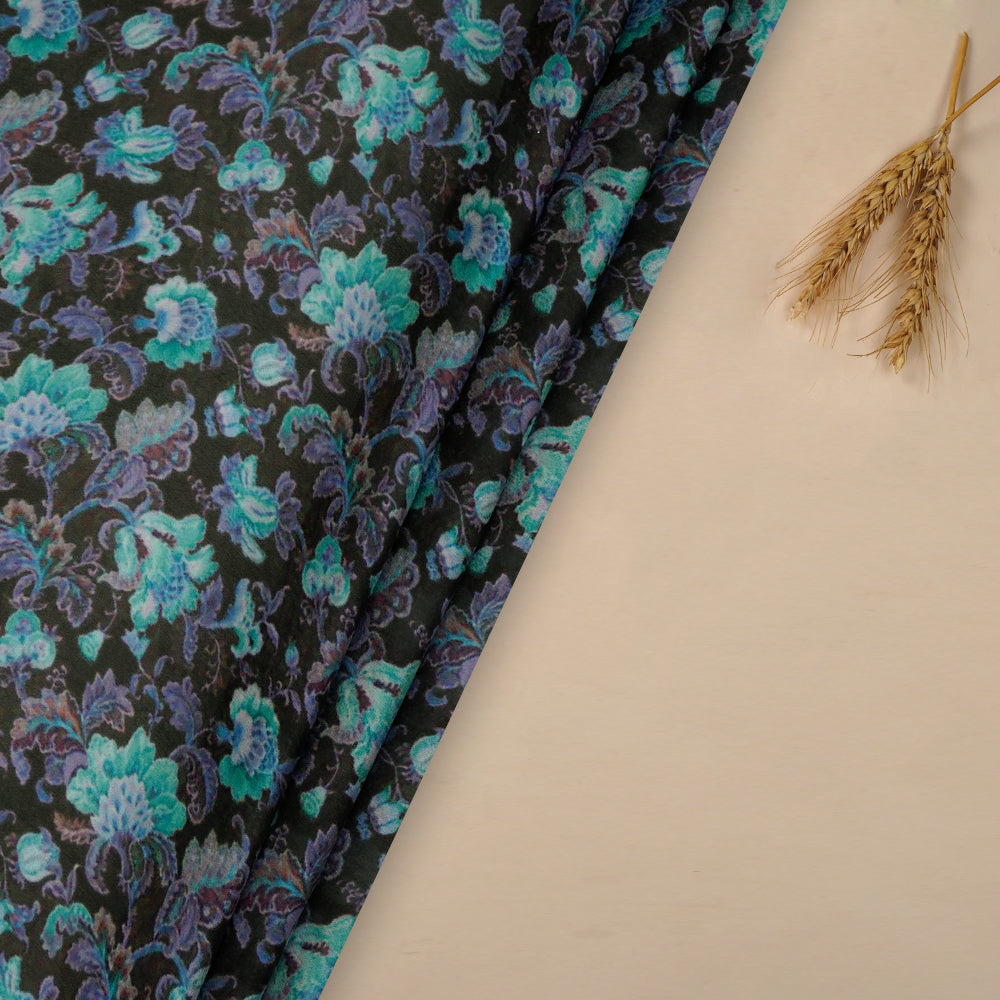 (Pre-Cut 2.50 Mtr) Blue Color Printed Satin Chiffon Fabric