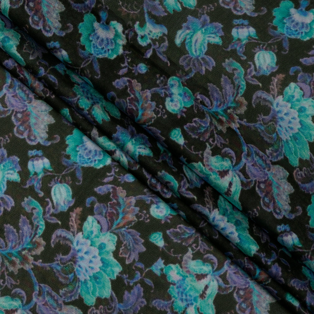 (Pre-Cut 2.50 Mtr) Blue Color Printed Satin Chiffon Fabric