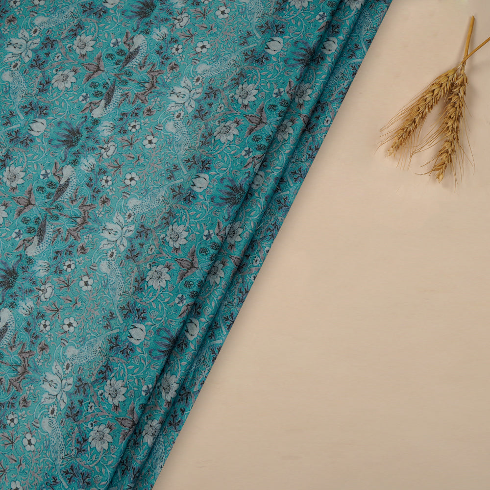 (Pre-Cut 2.50 Mtr) Blue Color Printed Satin Chiffon Fabric