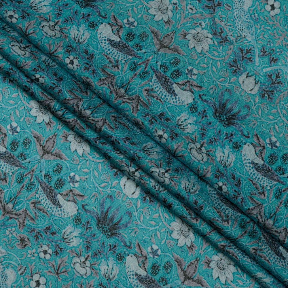 (Pre-Cut 2.50 Mtr) Blue Color Printed Satin Chiffon Fabric