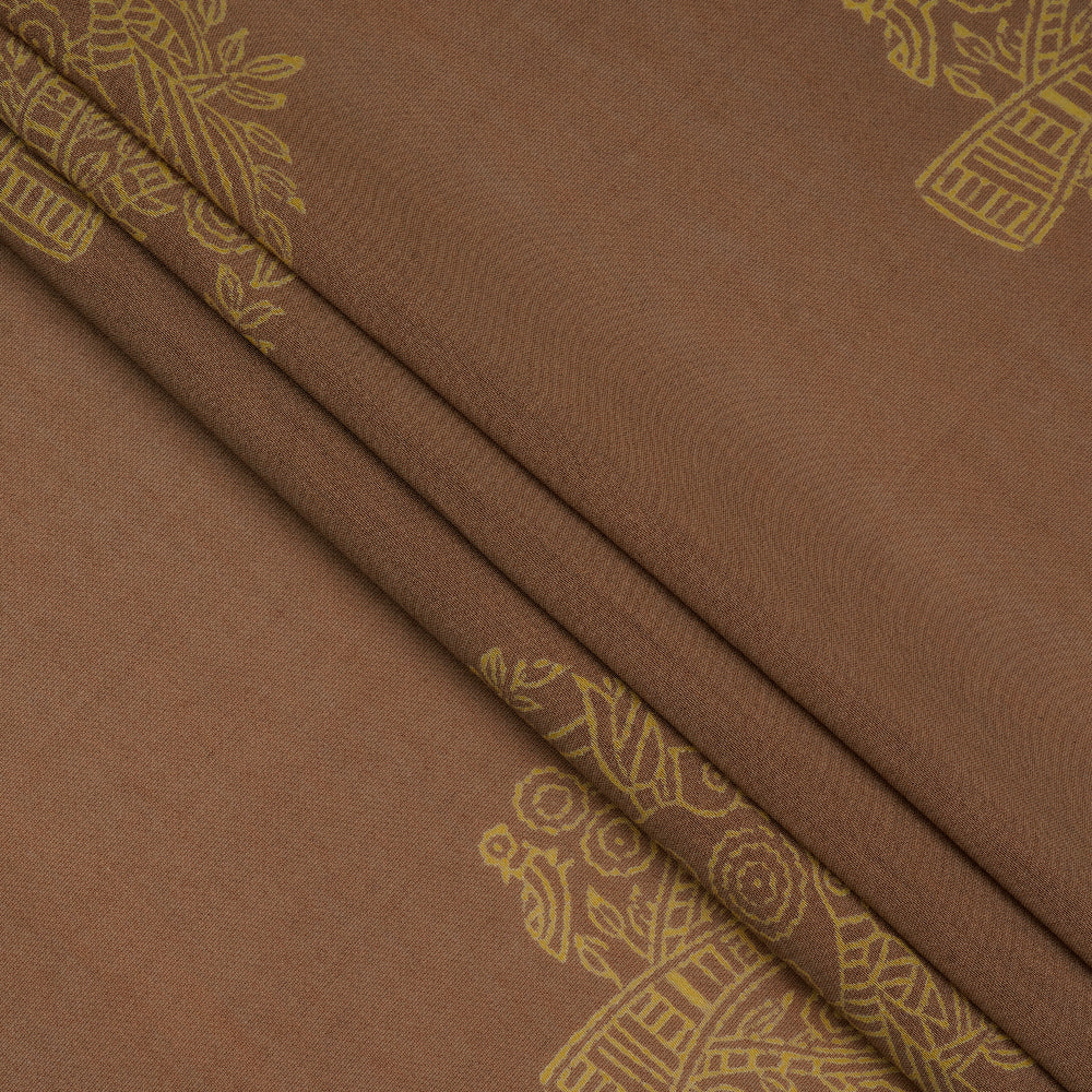 (Pre-Cut 4.60 Mtr) Brown Color Printed Pure Chanderi Fabric